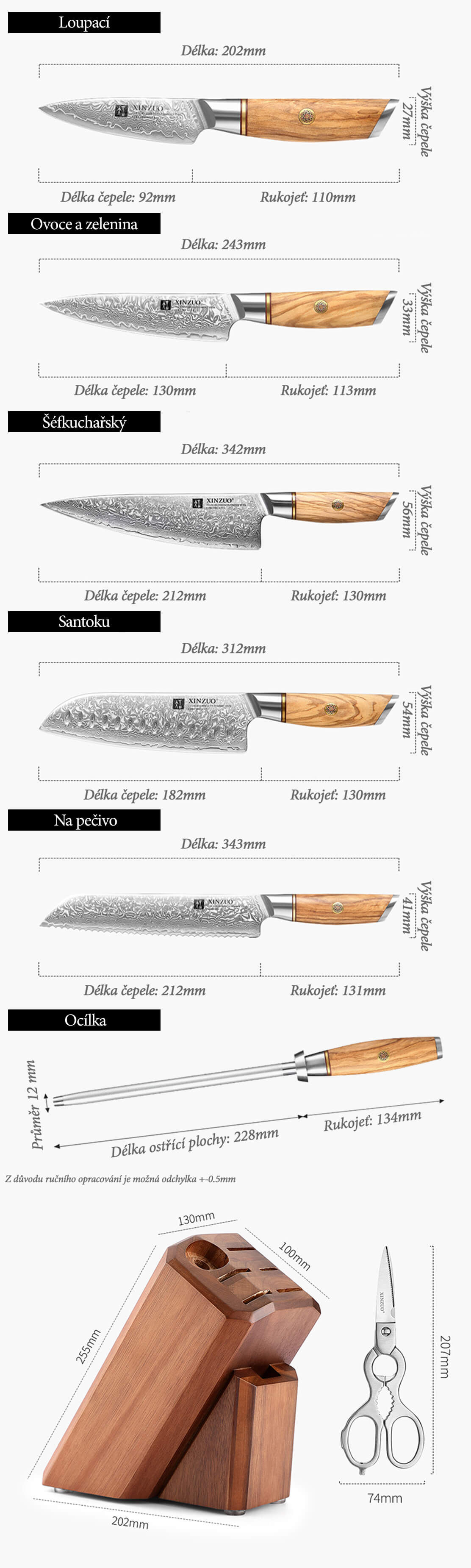 Sada nožů XinZuo Lan B37 - rozměry nožů